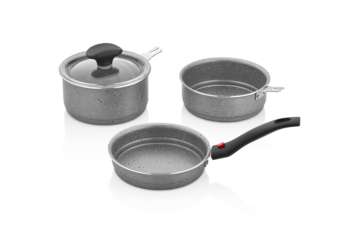 Gray granite Papilla mini set: lidded pot, saucepan, and frying pan with detachable handle