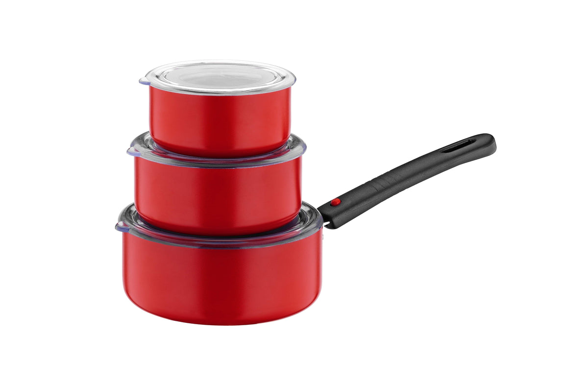 Three red Papilla storage cookware pieces with clear lids stacked, detachable handle attached