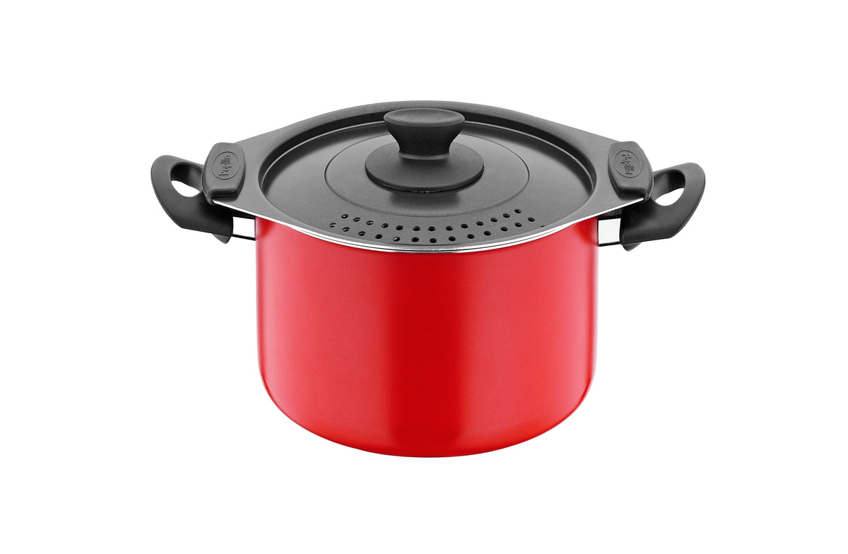 Red Papilla spaghetti pot with locking black strainer lid and cool-touch side handles